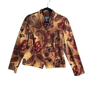 Requirements Paisley Print Zip Front Blazer Jacket Women 8 Brown Boho Festival